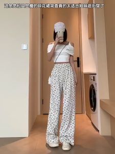 Dream Clothes👖กางเกงขากว้างผู้หญิง✨กางเกงขายาวหญิง กางเกงขายาวลายดอกไม้ย้อนยุคของเกาหลี แฟชั่นหลวมๆ