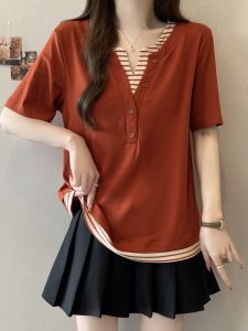 AIYITI | Unique Stripe Patchwork Faux Two-Piece Short Sleeve T-Shirt