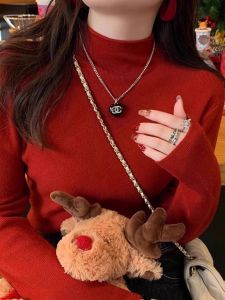 เสื้อสเวตเตอร์คอปกสั้นสีน้ำตาลสำหรับผู้หญิง เสื้อชั้นในทรงเข้ารูปแขนยาว เสื้อถักแบบสวมหัว สไตล์เกาหลี เสื้อผ้าทำงาน