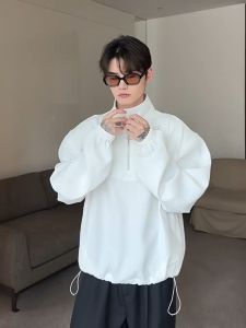 long sleeve polo shirt for men plus size half zipper stand collar plain polo shirt korean style trendy