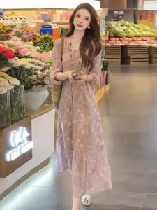 WANGGONGZHU | Elegant Floral Print Midi Dress Womens Summer 2025 New Ageless High Waist A-Line Long Skirt Korean Style Commute Dress