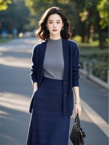 Deep Blue Knitted Sweater Cardigan Womens Soft Lazy Style Unique Beautiful Top Korean Version Commute Straight Tube Long Sleeve