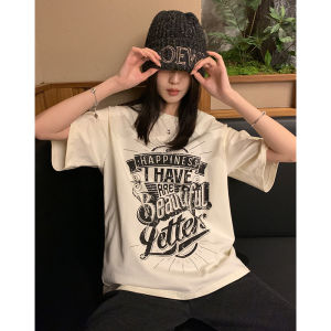 Ayi Casual American Retro Pure Cotton T-Shirt Women Summer Oversize Loose Washed Print Top Short Sleeve round Neck Tee
