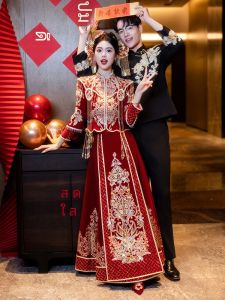 Velvet Show He 2025 New Style Wedding Dress Chinese Traditional Bride Costume Long Sleeve Embroidery Polyester Fiber