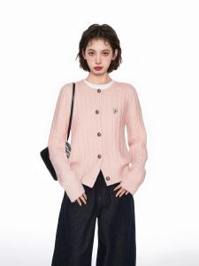 KBVVR | Pink Cable Cardigan Sweater Short Women Knitwear