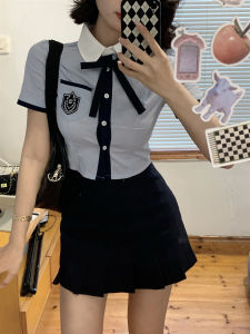 Slim Fit Pure Color Work Clothing Short Sleeve Button Down Shirt for Women 18-24 Birthday Party Dress Top with Skirt