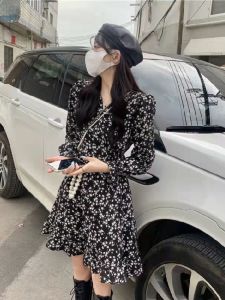 Slimming Floral Print Midi Dress Black Long Sleeve Womens Base Layer French Style Early Autumn Fashion Commute A-Line Skirt