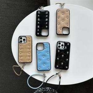 Ins Fashion Inlaid with rivets Stars Leather Texture Case For iPhone 16 15 14 17 Air Pro max Cover Wrist strap Skin Funda Shockproof non slip Capas Coque