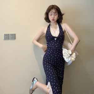 XIAOQIAOJIA | Váy midi không tay cổ treo ren đan hoa cạp cao phong cách Hàn Quốc cho nữ mùa hè 2024 Váy chữ A cạp nhỏ thon gọn