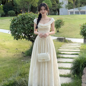 French Style Flared Waist Halter Neck Lace-Up Back Maxi Dress