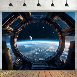 VIKAMA Spacecraft Porthole Earth Starry Sky Theme Tapestry Bedroom Living Room Gaming Room Decor Room Decor