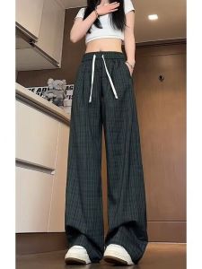 Quần Ống Đứng Kẻ Caro Màu Xanh Lá Cây Xám Rộng Rãi Cho Nữ Mùa Xuân Hè Mỏng Nhẹ Nhàng Quần Dài Thường Ngày Cổ Điển