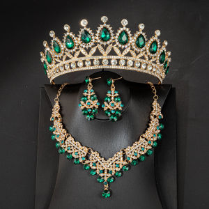 Crystal Rhinestone Bridal Tiaras Crown Women Queen Princess Purple Pink Red Blue Green Necklace Sets Fashion Jewelry Set Diadems