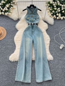 Chic Korean Style Womens One-Piece Summer Outfit Casual High Waist Wide Leg Jeans Suit Single Button Slimming Design
