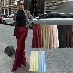 KONDALA Vintage Satin Solid Long Skirts Women High Waist Elastic Silky Skirts Fashion 2025 Spring Elegant Straight Skirts