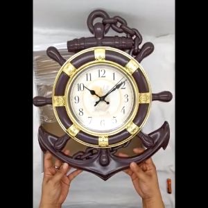 2A Wall Clock Aesthetic Wood Steering Wheel & Anchor 11\"x13\"x16\" for Home & Office Decor (AP7068)