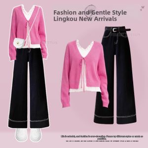 NUMEN BUTTON | School Style Aesthetic Slimming Spring Set Sweater Jeans