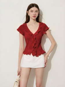 D-PLAY | Red Lace V-Neck Flared Sleeve Slimming Knit Top