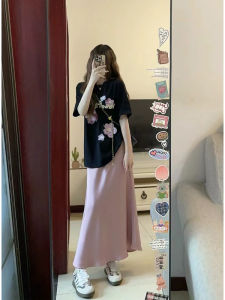 Retro Floral Print Short Sleeve T-Shirt High Waist Mini Skirt Set Womens Gentle Ageless Loose Slimming Outfit Summer Fashion