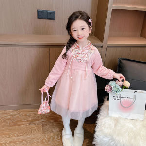 Girls Winter Fashionable Dress Prance Year New Style Fleece Lined Baby Princess Skirt Long Sleeve Commute Ethnic Style Silk Top