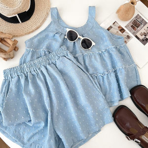 Womens Summer Fashion Set High Waist Elastic Shorts Sleeveless Vest + Wide Leg Pants Neck Hanging Wooden Edge Ruffle Design