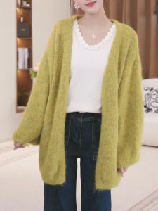 QINGNAER | Plus Size Lazy Style Autumn Winter Green Sweater Jacket