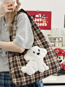 Cute Dog Plaid Canvas Tote Bag Large Capacity Retro Girl Commuter Shoulder Bag Korean Style Ins Wind College Style Backpack