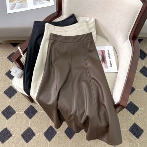 Brown PU Leather Skirt Skirt Womens Fall and Winter New Arrival European Goods High Waist Cover Drape Mid Length Long Length A- line Pleated Umbrella Skirt