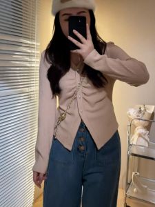 plus Size Womens Knitted Wrap Cardigan Slimming Waist Design Early Autumn New Style Cover up Meat Loss Weight Shoulder Length Sleeve