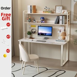 Cream Style Bookshelf-Integrated Desk for Study and Work