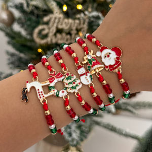 SHIXIN 6Pcs/Set Santa Claus Snowflake Christmas Tree Pendant Bracelet Women Cute Adjustable Rope Chain Crystal Beaded Bracelet