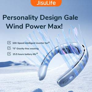 JISULIFE Neck Fan Pro1 Portable 5000mAh Battery Rechargeable Mini Bladeless Fan 100 Speeds Stepless Knob LED Display Personal USB Fan Operated Wearable