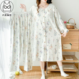 ชุดนอนแขนยาวผ้าฝ้ายแท้สำหรับคุณแม่หลังคลอดพร้อมแผ่นเสริมหน้าอก ชุดนอนฤดูใบไม้ร่วงสำหรับคุณแม่ตั้งครรภ์และให้นม ชุดนอนลำลองสำหรับฤดูใบไม้ร่วงและฤดูหนาว