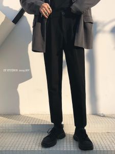 Thickened Fleece Lined Tweed Straight Leg Pants Mens Winter Casual Slim Fit Small Footed Trousers Stylish Handsome