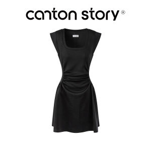 Cantonstory | Đầm Ngắn Dáng A Xòe Cổ Vuông Quai Dây Đen Mùa Hè