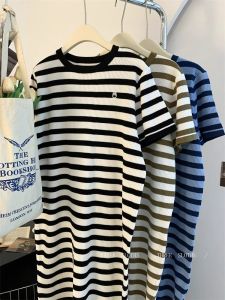 plus Size 300 Pounds Womens Striped Knitted Short Sleeve Dress Casual Loose Waist Polyester Fiber Summer New Style Slimming Long Dress