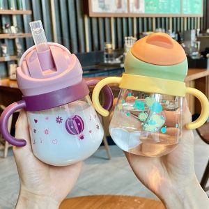 Adorable Gravity Ball Anti-Fall Childrens Straw Cup Baby Drinking Milk Bottle Toddler Learning to Drink Water Cup with Handle