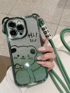 Cute Bear Glitter Plated Phone Case for  13 pro Max Full Cover with Lanyard Womens Style Crossbody Compatible with 12 11 Models
