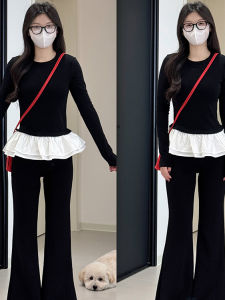 Korean Ballet Style Long Sleeve T-Shirt Womens Winter Slim Fit Top Lace Splice Waist Cinch Casual Fashion plus Size Citywalk