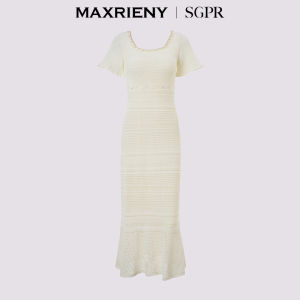 MaxRieny Bohemian Style Knitted Dress Waist-Cinching Long Skirt Summer Collection Elegant Pearl Embellished Cotton Blend Dress