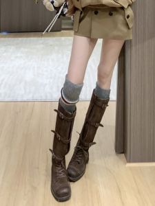 Miu Home Faded Knight Boots Womens Belt Buckle Brown Long Boots Autumn Winter New Style High Tubular Ultrafine Fiber Boots