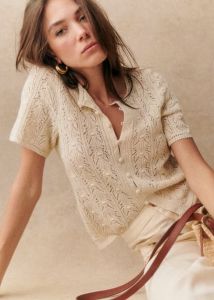 French Handmade Lace Hollow Short Sleeve Knitted Top Women Summer Thin Design T-Shirt Open Cardigan Loose Fit Regular Sleeve