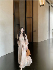 Slimming V-Neck Long Dress Womens Print Design A-Line Skirt Bubble Sleeve Elastic Waist Spring Summer Autumn Winter Fashion