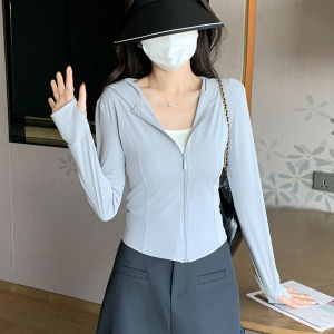 White Ice Silk Womens Summer Slim Fit Sport Yoga Sun Protection Suit Thin Outerwear Top Zipper Closure Long Sleeve Hoodie