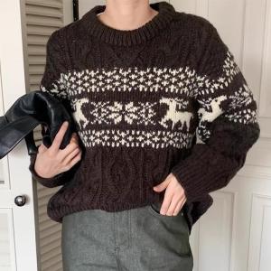 Christmas Red Knitted Pullover Sweater Womens Vintage Style Geometric Patchwork Thickened Polyester Fiber Top