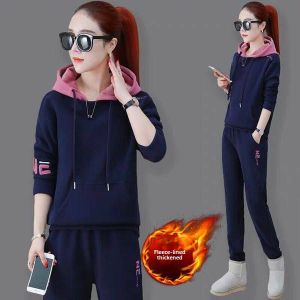 Thickened Fleece Casual Sportswear Set for Women Autumn Winter New Embroidered Loose Sweatshirt Two Piece Set Versatile Comfortable