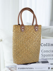 Handwoven Straw Basket Handbag Casual Summer New Style Vacation Womens Shoulder Bag Color Block Handbag American Retro Style