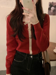 Christmas Red Knitted Sweater Womens Autumn Winter New Year Style Vintage Sweet Soft Base Layer Shirt Small Size Inner Wear Top