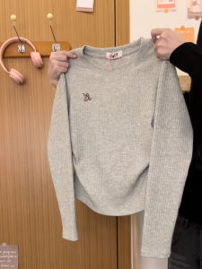 Long Sleeve Knitted T-Shirt Womens Korean Style Pure Color Base Layer Short Top Creamy Universe Embroidery Shoulder Fit Polyester Blend