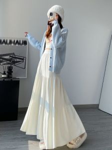 High Waist A-Line Midi Skirt Womens Knitted White Puffy Cake Skirt Spring Autumn New Style Commute Pure Color Long Skirt